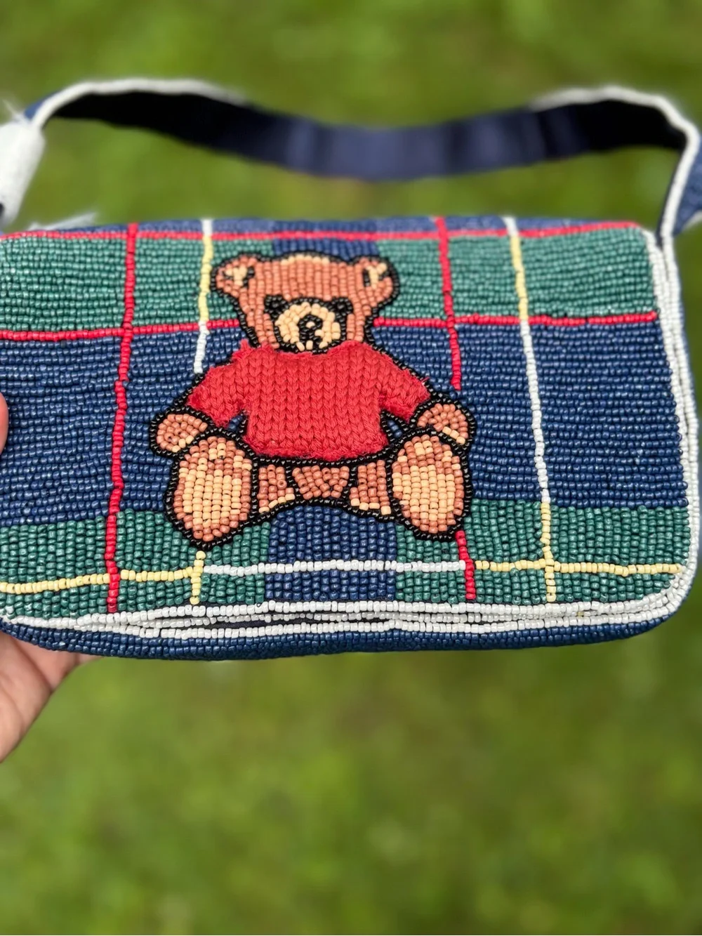 NWT: VIRAL TikTok Beaded Bag Plaid Teddy Bear in Knit Sweater. From India to You